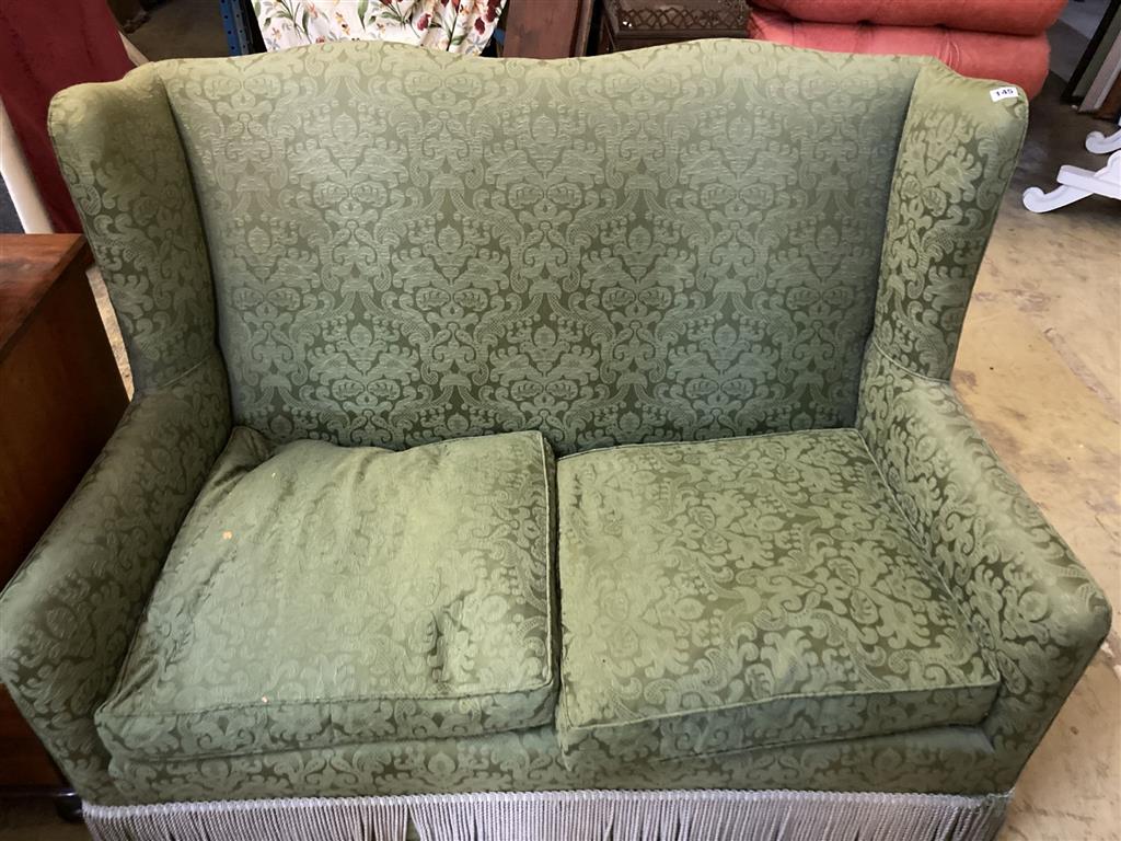 A green damask two seater sofa, width 135cm, depth 70cm, height 100cm